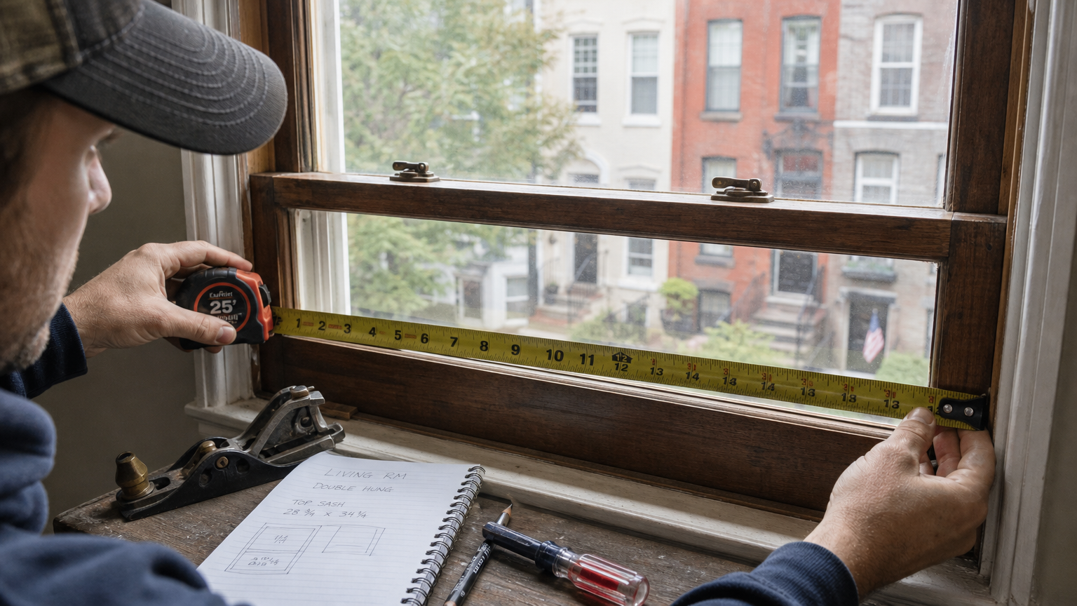 Craftsman measuring wooden window frame with tape measure and documentation