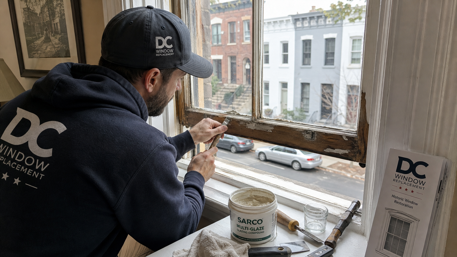 Professional window restoration specialist applying glazing compound to historic window frame