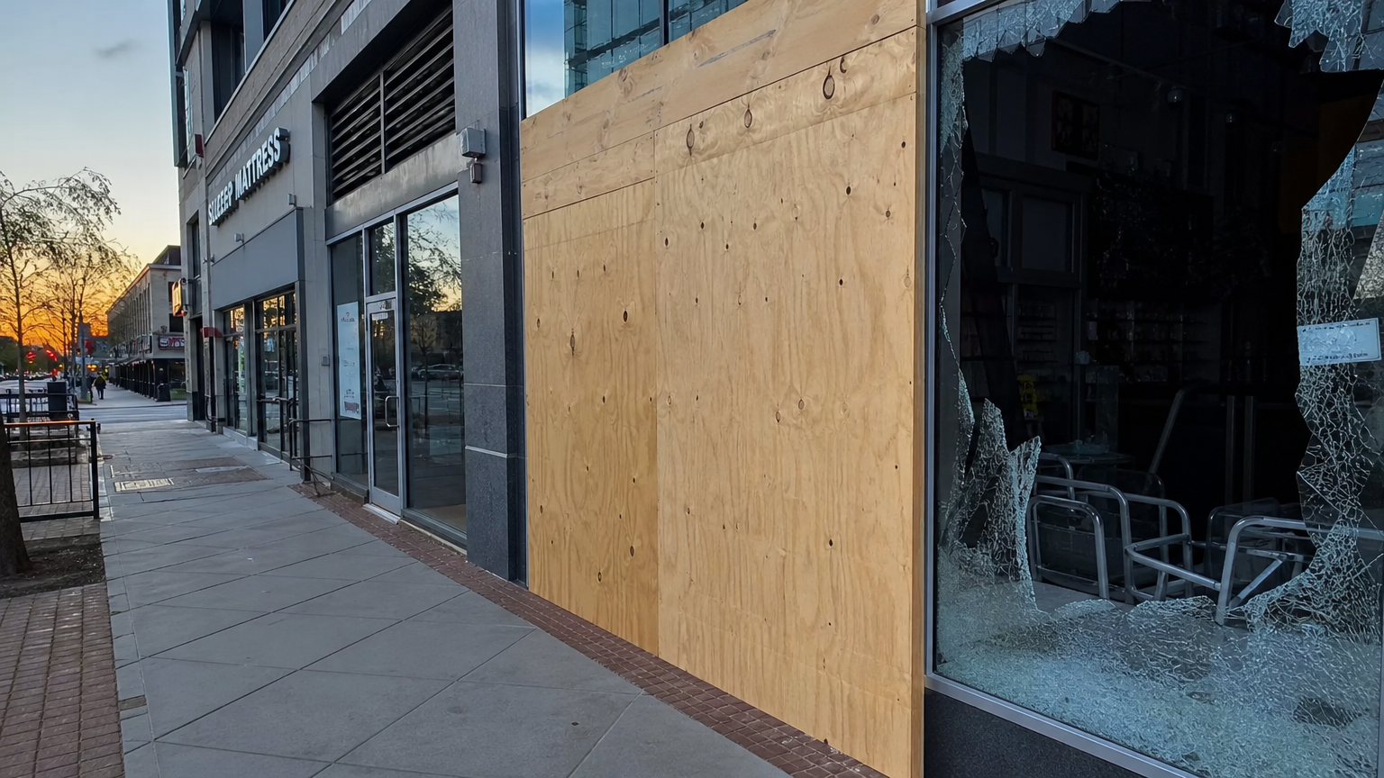 Boarded storefront with broken windows on urban downtown street