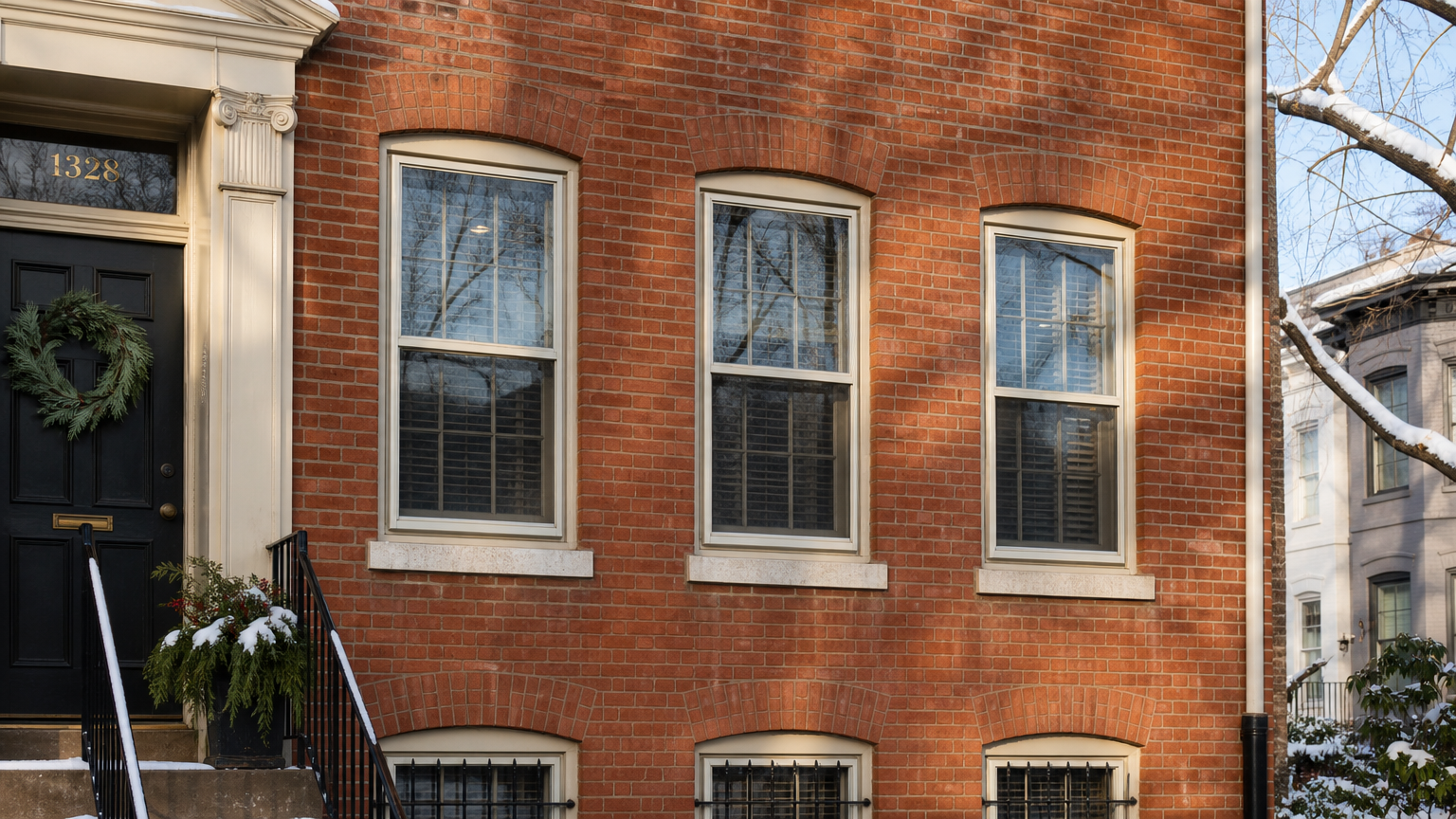 Historic red brick townhouse with white-trimmed windows and dark blue door in winter