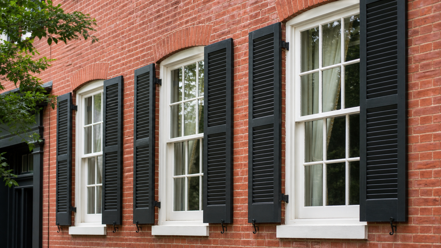 Red brick building with white windows and black shutters featuring classic architecture