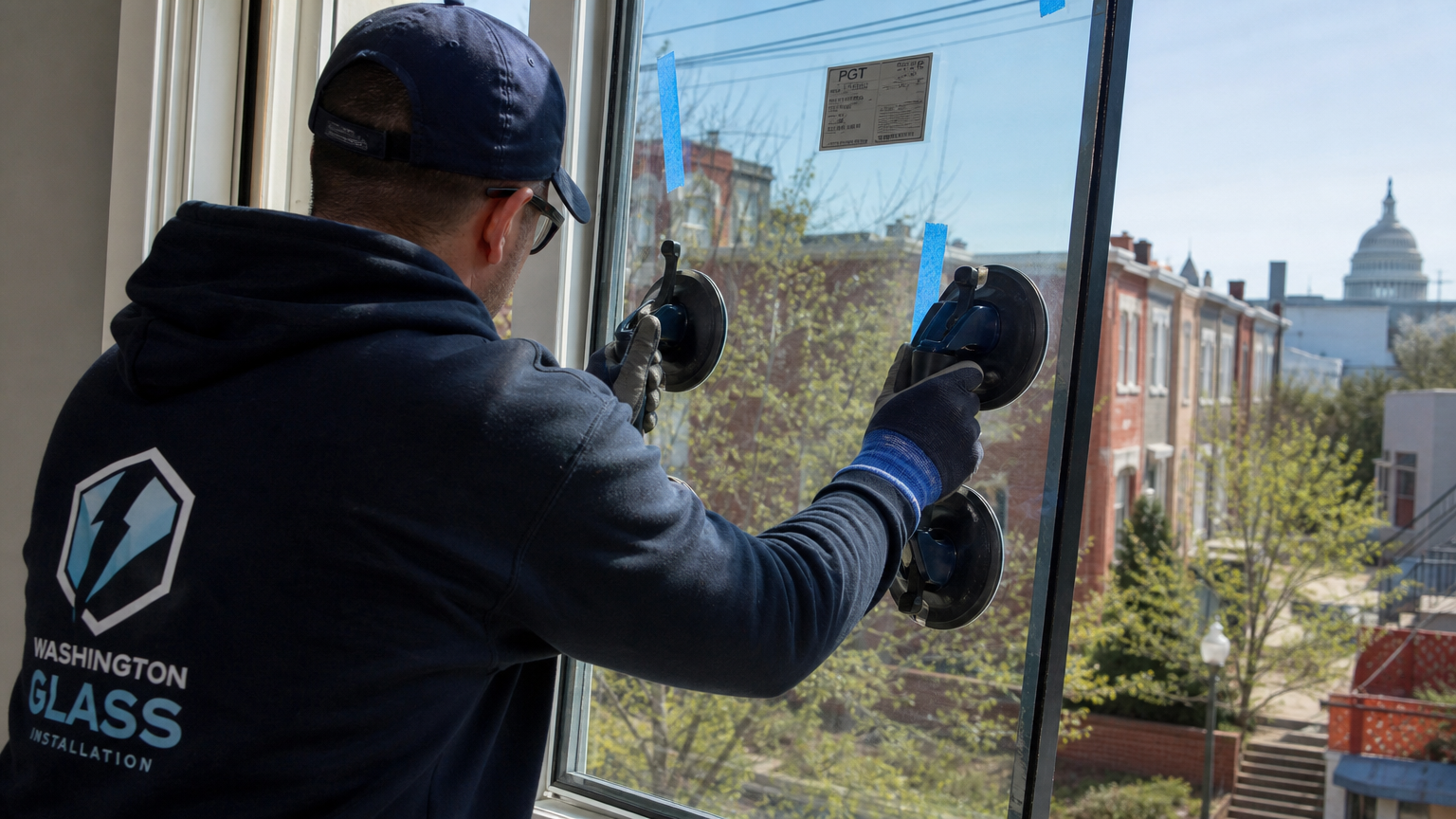 Glass installation technician working on high-rise windows with DC Capitol building in background