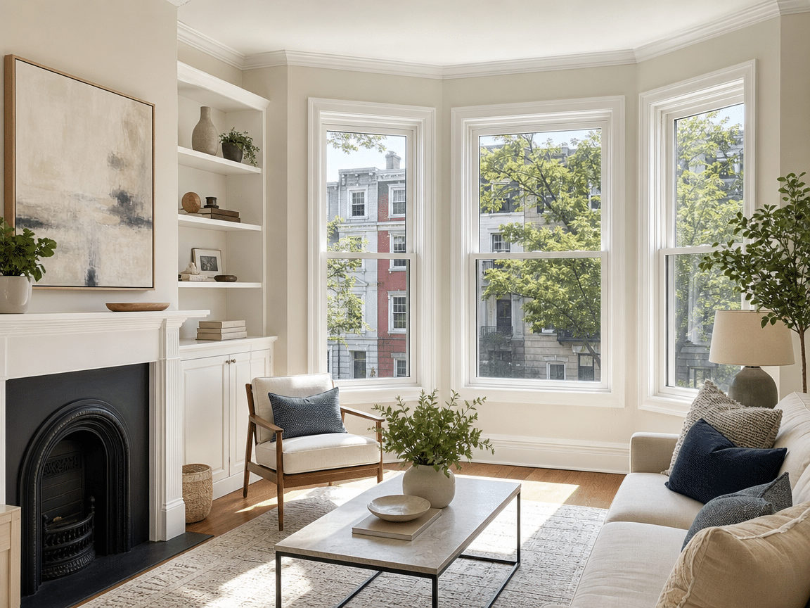 Modern luxury living room with fireplace, large windows, and contemporary furnishings overlooking city street