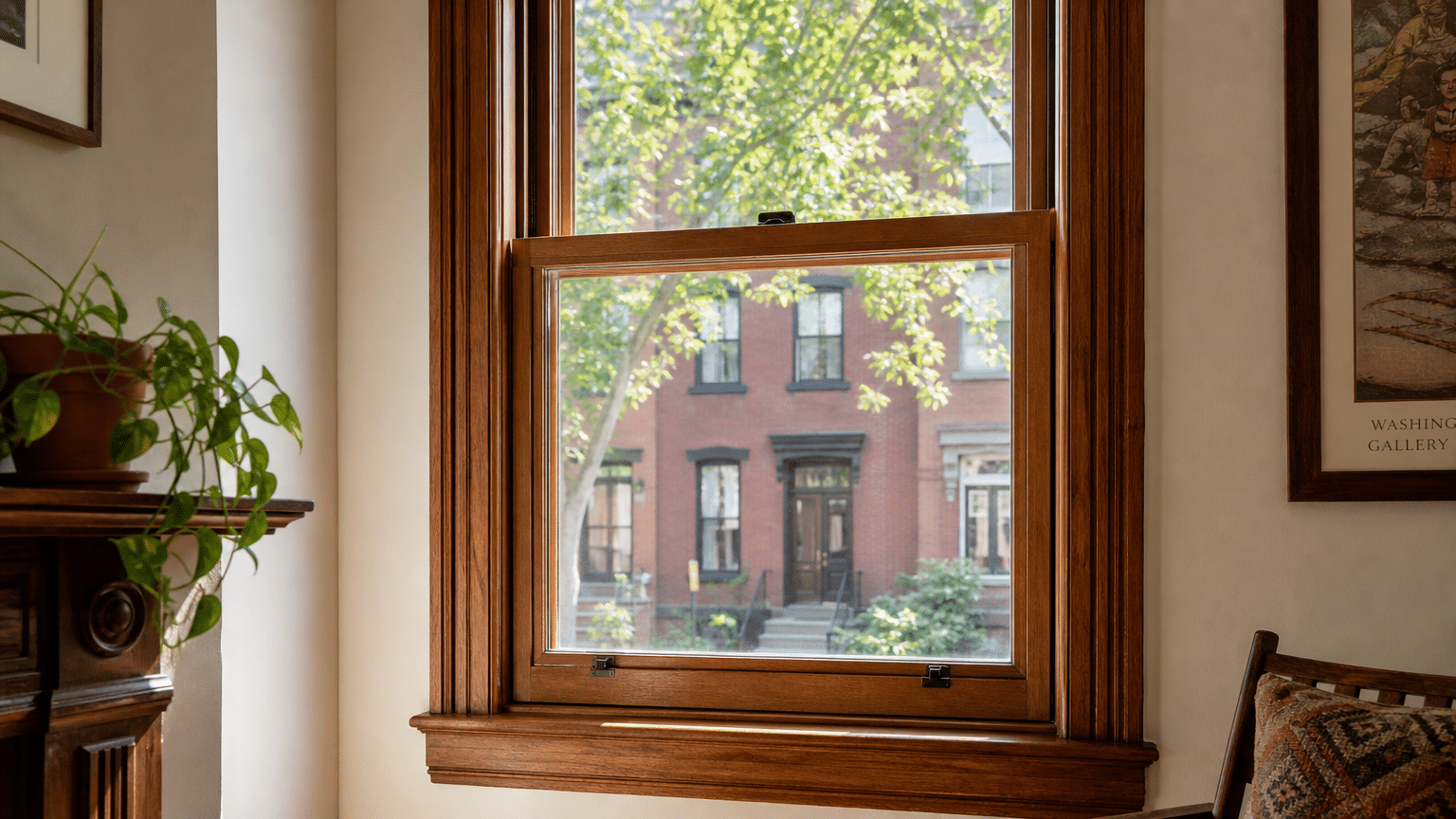 Elegant interior room with large wooden-framed windows overlooking ivy-covered brick building