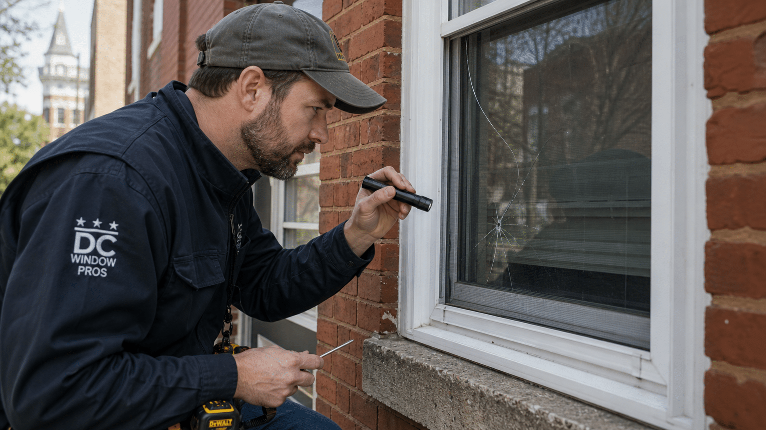 Professional window inspector examining damaged residential window with flashlight
