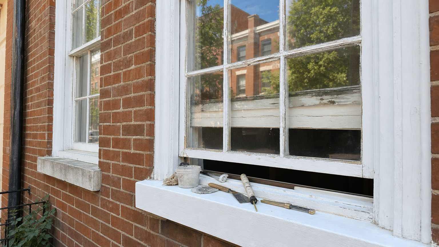 Window renovation and maintenance work on brick residential building facade