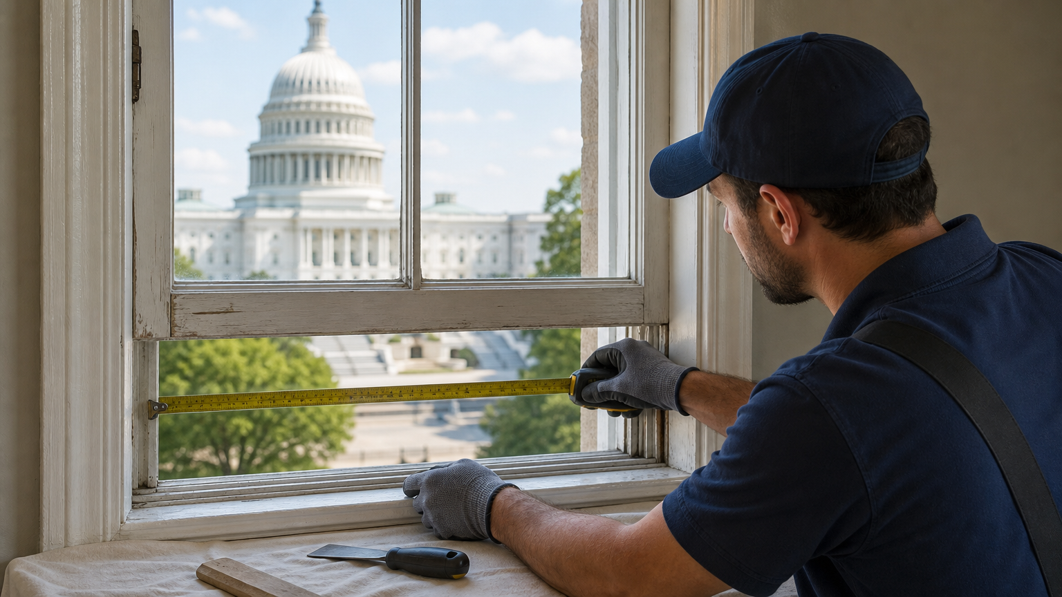 Window repair technician measuring frame for Capitol Window Repair service