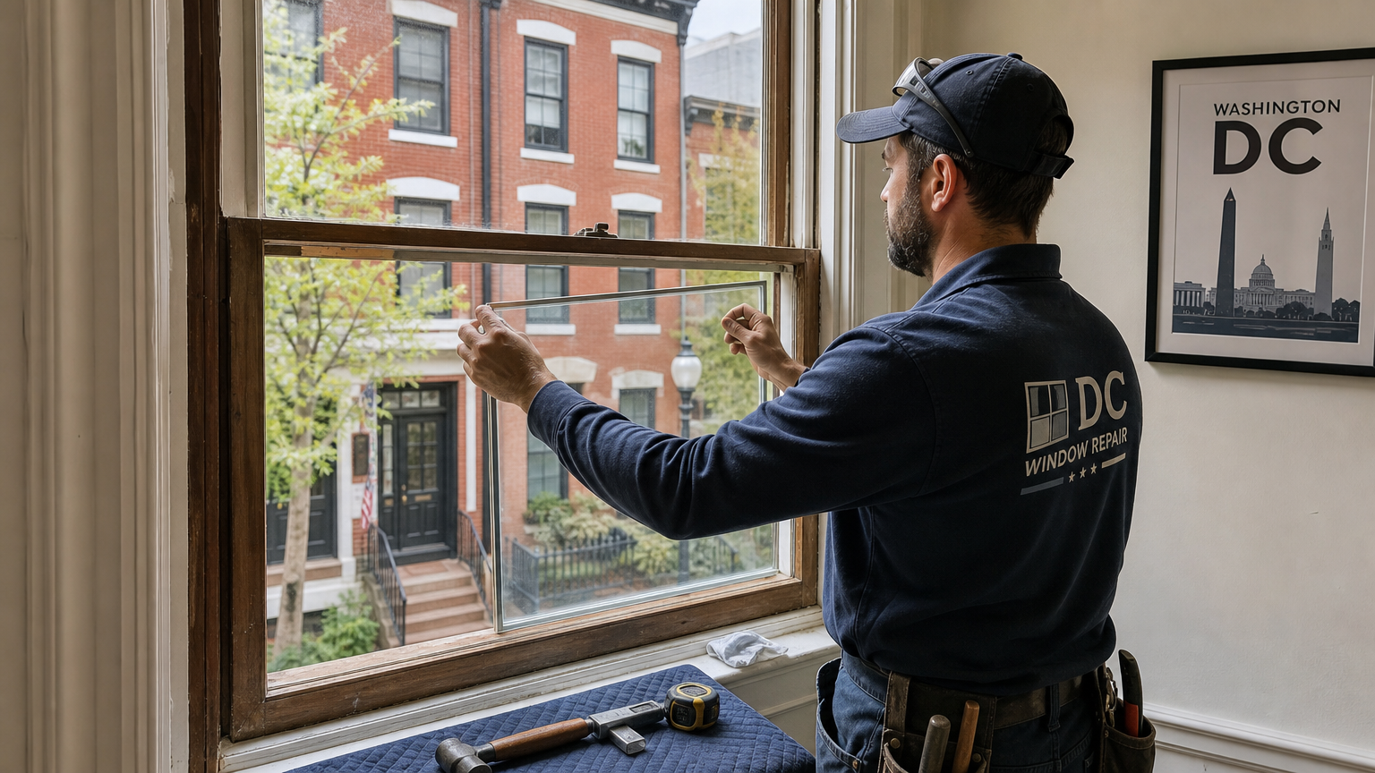 DC Window Repair technician installing window screens in residential apartment