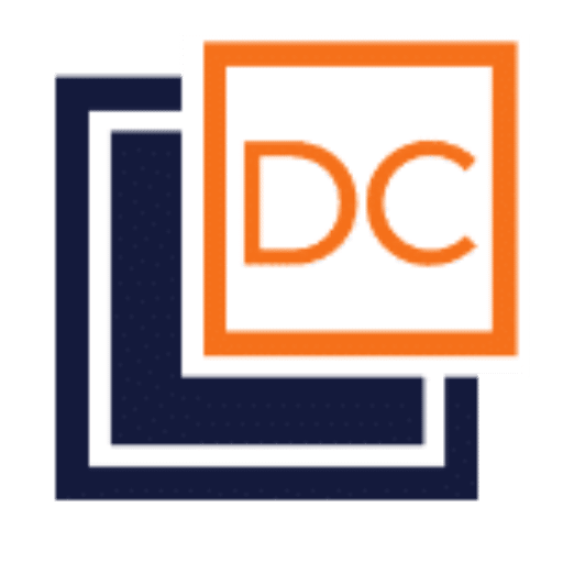 DC logo with nested geometric frames in navy blue and orange