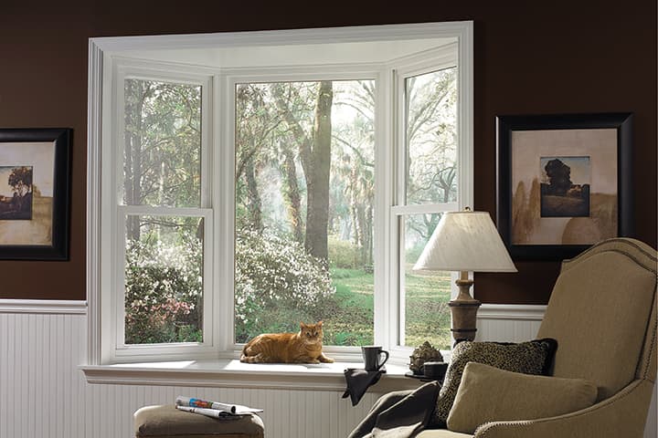 Cozy reading nook with beige armchair, window seat, and cat by bay windows